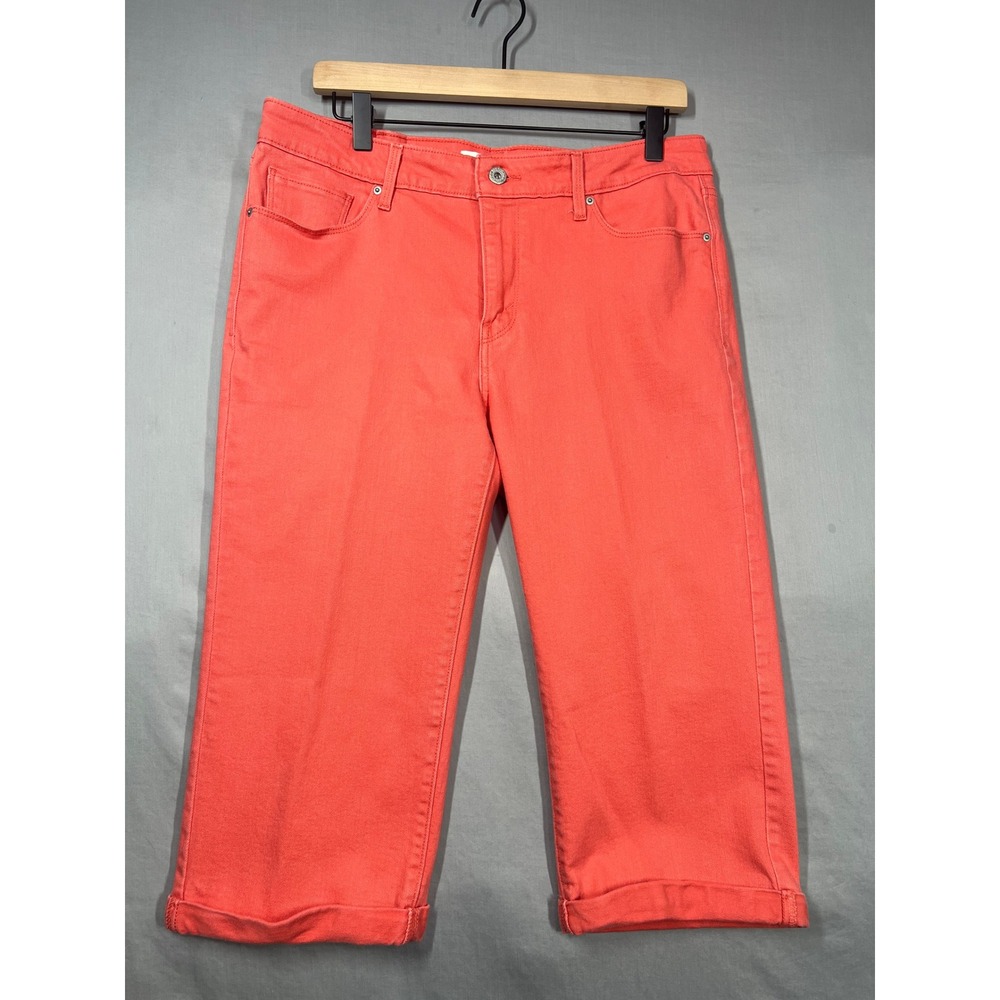 Levis Womens Size 12 Coral Pink Mid Rise Capri Cropped Jeans Cuffed Hem